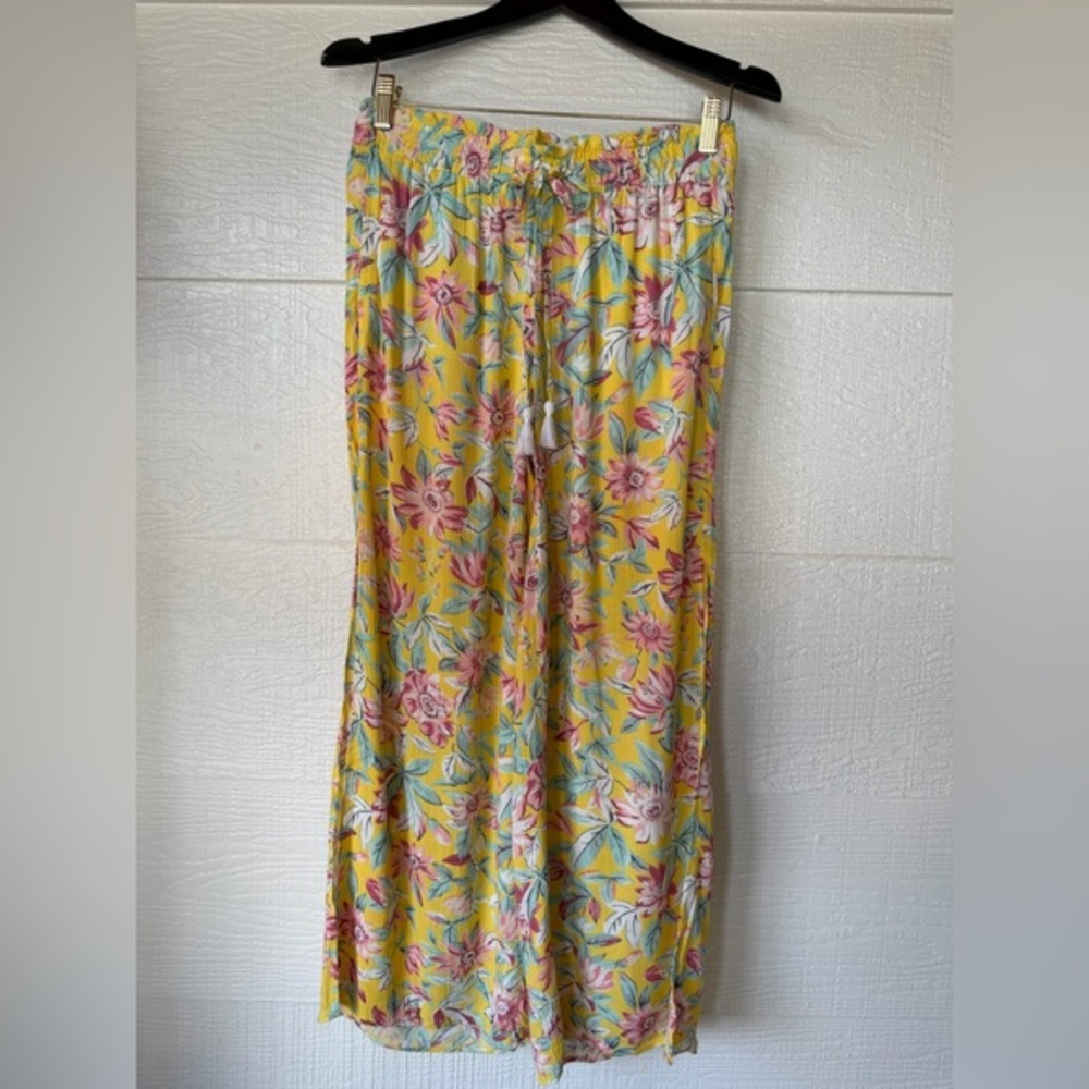 LOFT Beach Yellow Floral Wide Leg Pants XS Pull On Boho NWT 28” Inseam